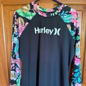 Hurley Women’s Rashguard Swim Shirt XL Black Pink Print UPF 50+ Surf Top